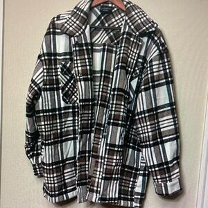 Plaid Button-Down Shirt Jacket - Brown & White